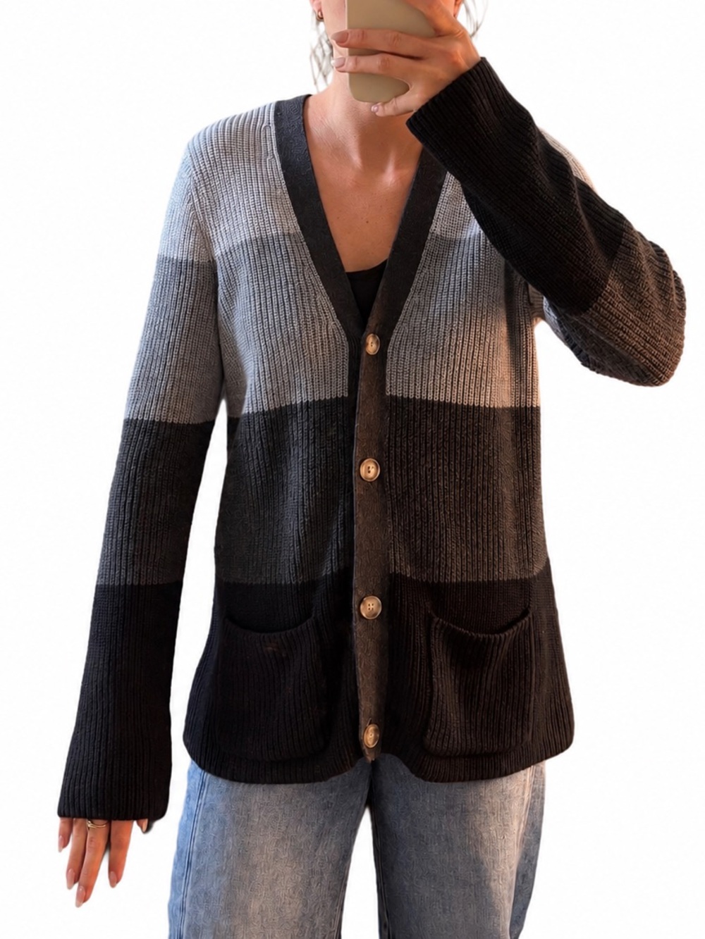 Land’s End Colorblock Rib Knit Button-Front Cardigan - Black & Gray